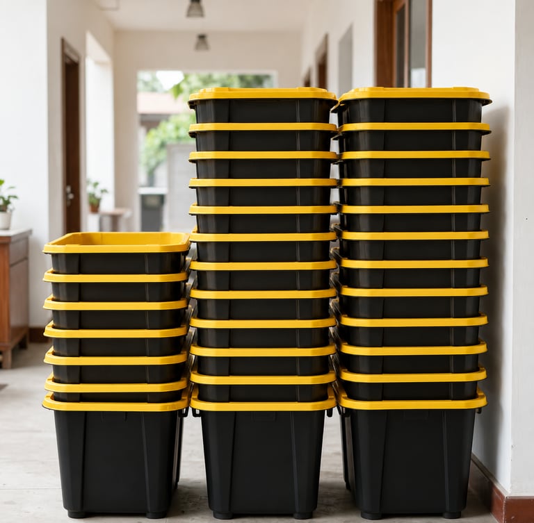 Nested black and yellow reusable moving totes ready for delivery.
