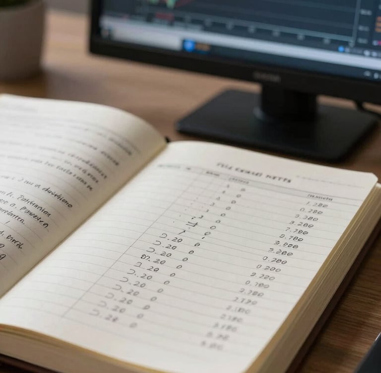 Close-up of a financial analyst's notebook open on a desk, handwritten macro indicators and interest rate differentials in sharp focus, a secondary monitor displaying a line chart of yield curves blurred in background, cool neutral studio light from the left, high contrast