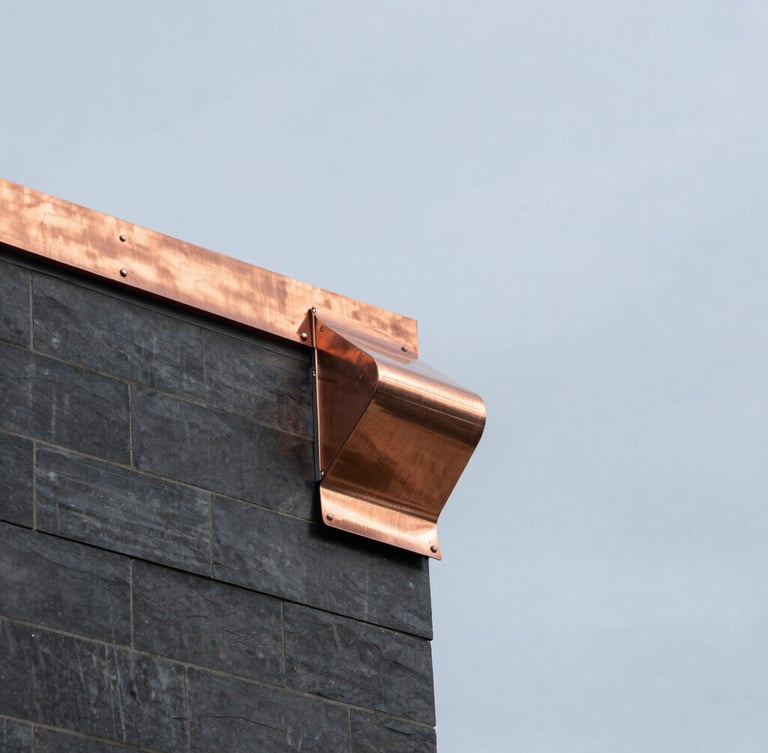 Tight architectural photo of clean copper flashing installation on a Manhattan rooftop, bright overcast daylight, steel blue sky, sharp focus