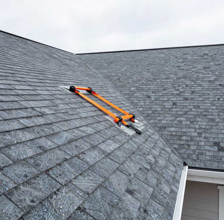 Wide-angle architectural view of a residential shingle roof installation in Queens, crisp daylight, slate gray GAF shingles, safety-orange harness detail visible
