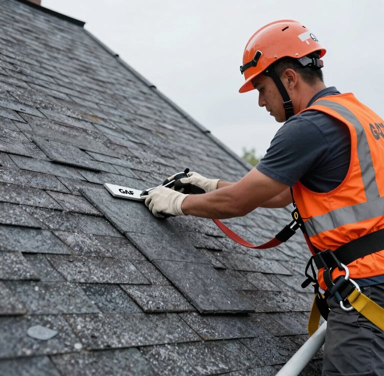 Close-up of a certified roofer inspecting GAF asphalt shingles on a steep residential roof, safety harness visible, sharp focus on materials