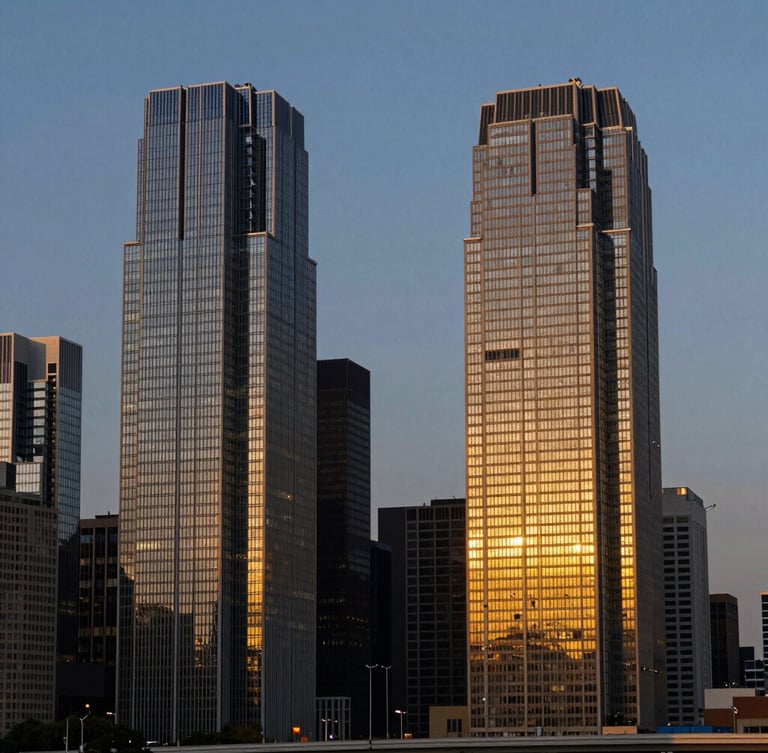 Twilight financial district skyline with sharp architectural symmetry, deep navy and rich gold tones, golden hour light reflecting on glass skyscrapers, wide angle