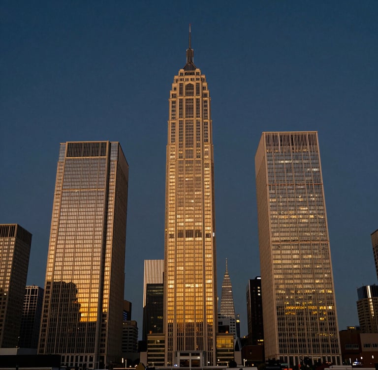 Wide-angle editorial corporate photography of a modern financial district skyline at twilight, deep navy and rich gold tones, sharp architectural symmetry, 35mm