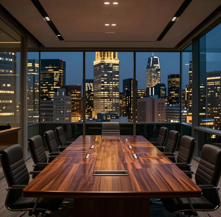 Symmetrical, high-angle editorial corporate photography of an elegant corporate boardroom with rich wood and glass, low-key dramatic lighting, 35mm