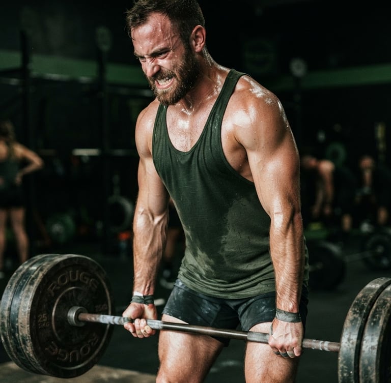 Close-up of a focused athlete lifting heavy iron weights, sweat glistening on skin, dramatic side-lighting with high contrast, deep moss green accents, sharp focus, 35mm lens