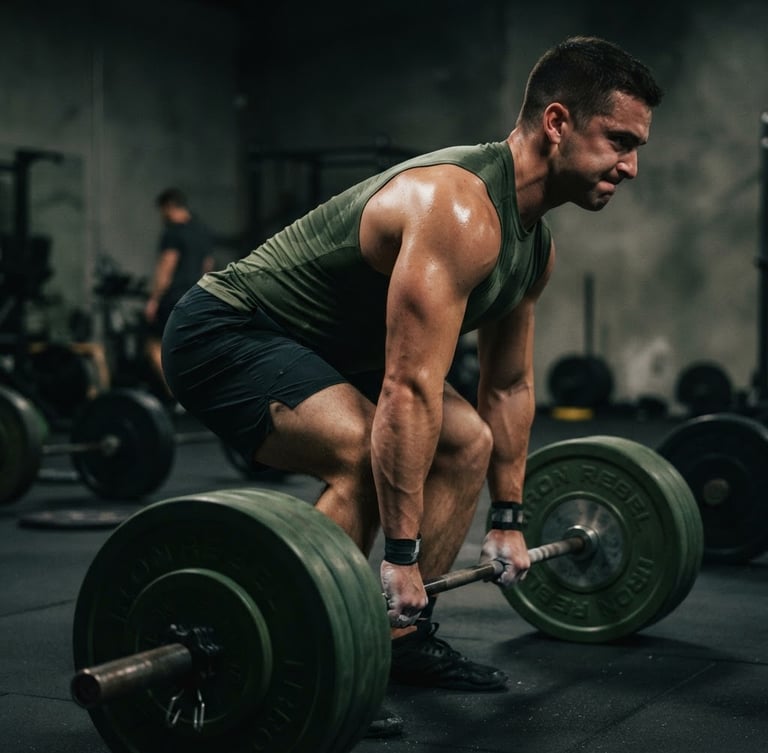 High-contrast athletic photography of a focused athlete's muscular back during a heavy deadlift, sweat glistening under dramatic side-lighting, deep moss green color accents, sharp focus, 35mm lens, raw physical effort.