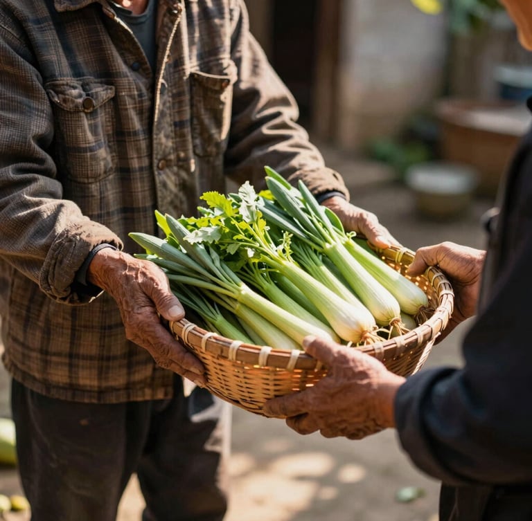Warm candid portrait of a neighbor handing a basket of freshly harvested green vegetables to another person, sun-dappled outdoor setting, 35mm