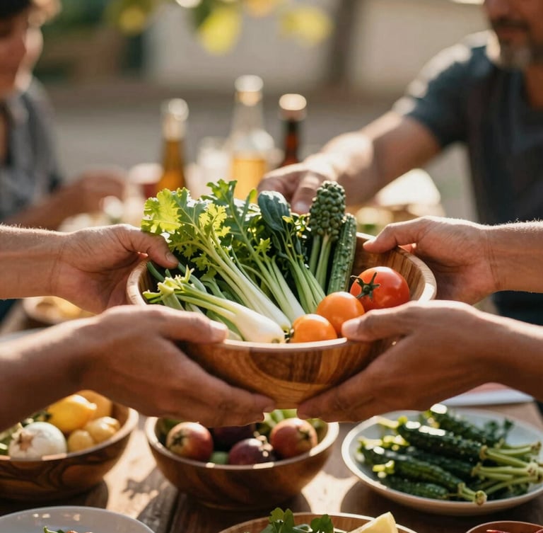 Candid close-up of hands passing a wooden bowl of fresh vegetables at a shared neighborhood outdoor meal, warm sunlight filtering through leaves, 35mm