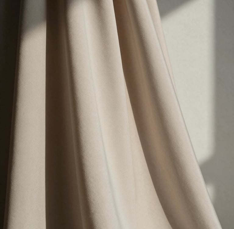 Extreme macro close-up of heavy silk crepe drape, soft directional natural light casting deep architectural shadows on a neutral wall, minimalist editorial fashion photography