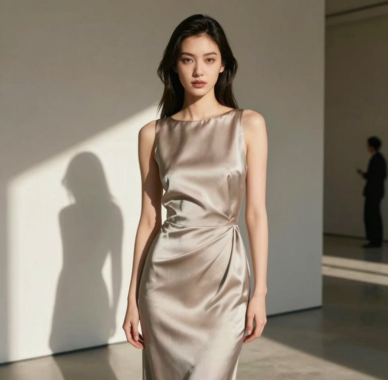 Editorial high-fashion portrait of a woman in a structured heavy silk dress, sharp architectural shadows on a neutral gallery wall, warm natural directional light