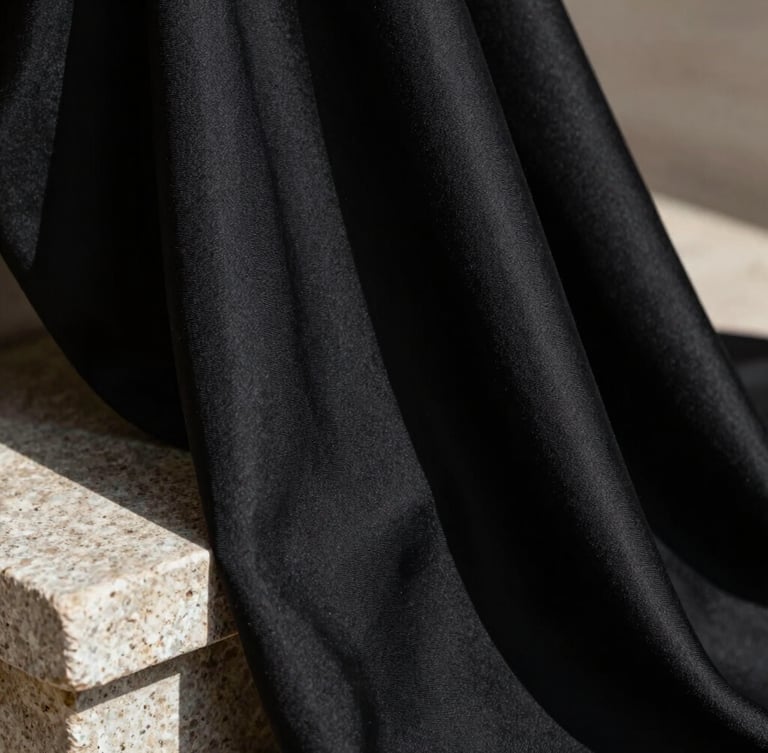 Macro close-up of heavy black silk crepe fabric draped over a stone pedestal, raking natural sunlight highlighting the rich textile weave, deep shadows.