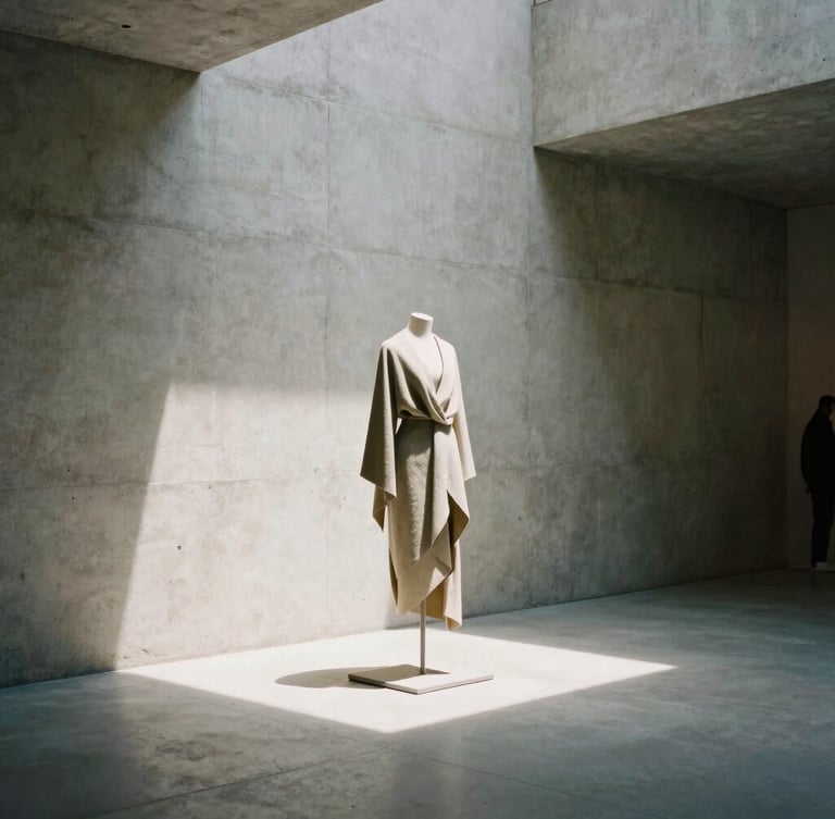 Minimalist architectural concrete interior with soft directional natural light casting sharp shadows, a sculptural garment displayed on a gallery stand, medium format film style.