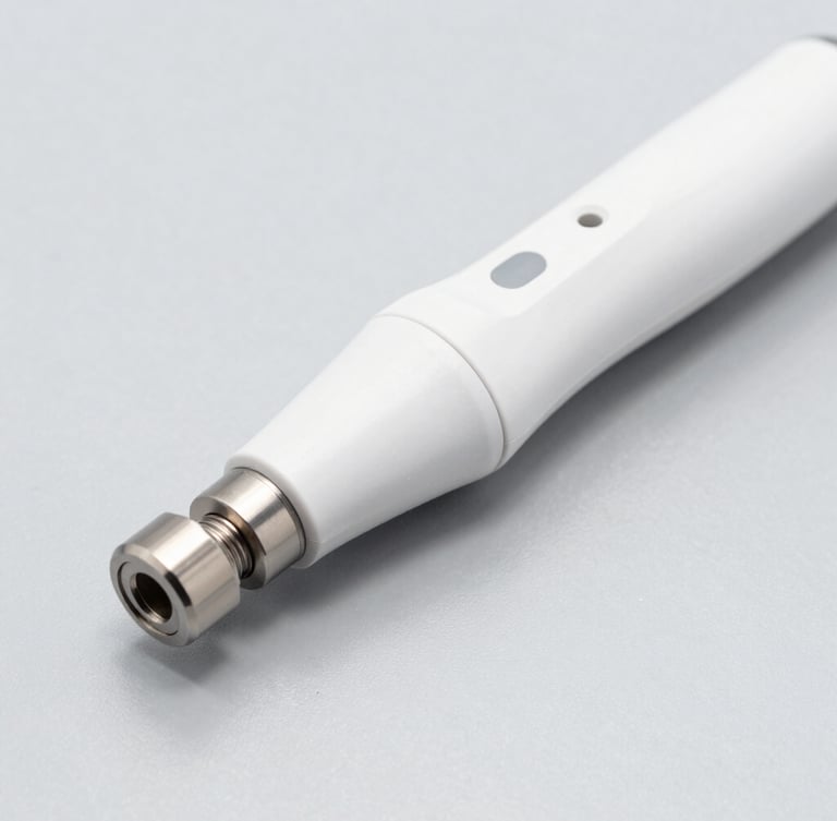 Macro studio product photograph of high-precision dental handpiece components on a clinical gray surface, crisp technical lighting
