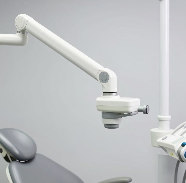 Crisp high-resolution studio photo of a modern dental operatory chair hydraulic arm mechanism, clean sterile gray background