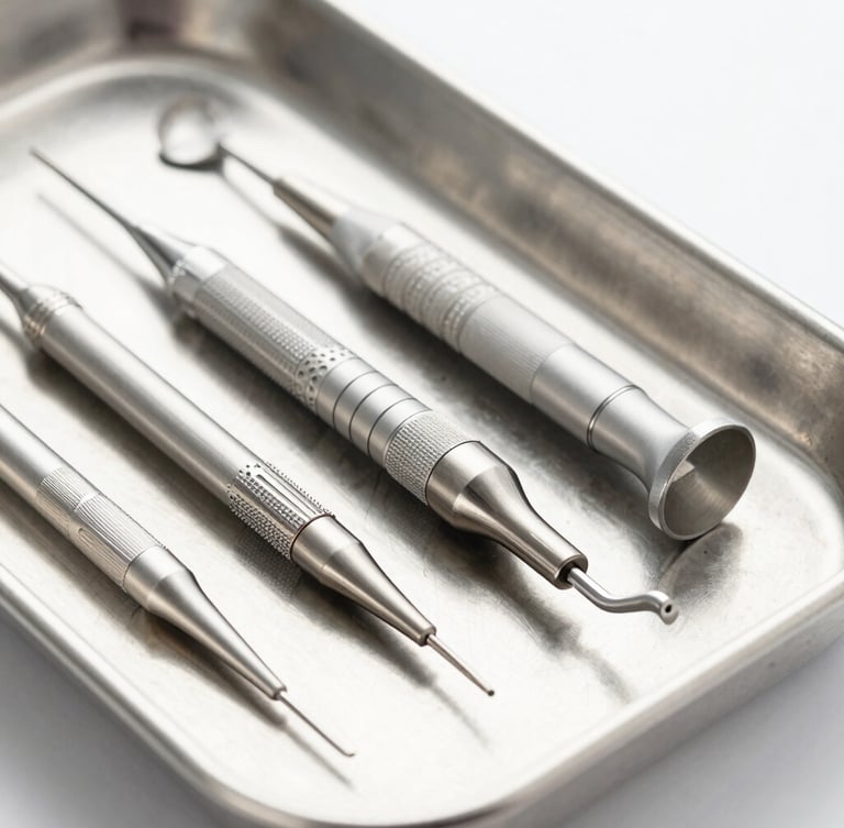 Macro detail shot of sterile stainless steel dental handpieces arranged precisely on a clean metal tray, bright clinical light