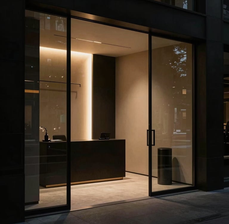 Refined architectural details of a modern minimalist private banking lounge, dark glass panels, warm champagne gold highlights, moody shadows, 35mm