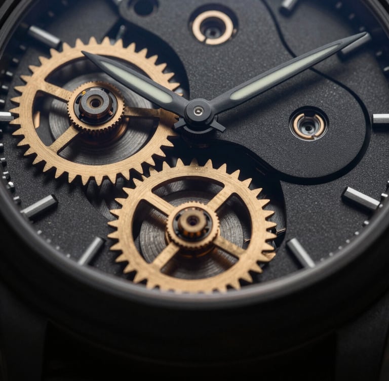 Macro close-up of a high-end luxury mechanical watch gears, gold and matte black colors, moody low-key studio lighting, 35mm