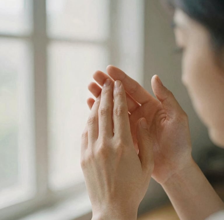 Close-up of gentle, respectful hand contact on the temples, soft linen texture, warm natural daylight filtering from a window, shallow depth of field