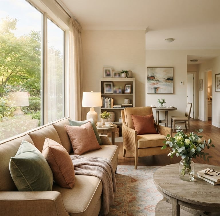 A bright and airy private senior apartment living room, large window with soft morning sunlight streaming in, elegant warm-toned furniture, sage green and terracotta decorative pillows, cozy and dignified atmosphere.