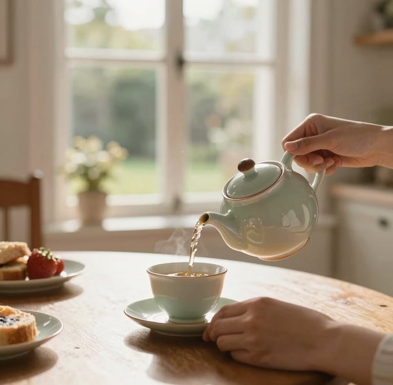 A close-up of hands pouring tea from a ceramic teapot into a cup, warm morning light streaming through a window, soft focus garden visible in the background, elegant residential kitchen table.
