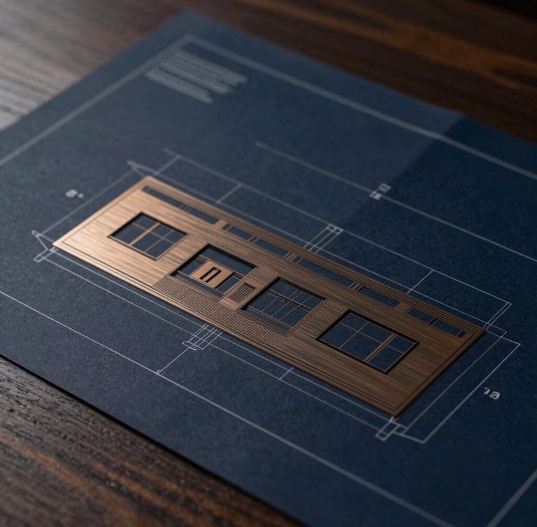 Extreme close-up of architectural blueprints on a dark oak table, dramatic side lighting, deep navy and brushed bronze tones, sharp focus