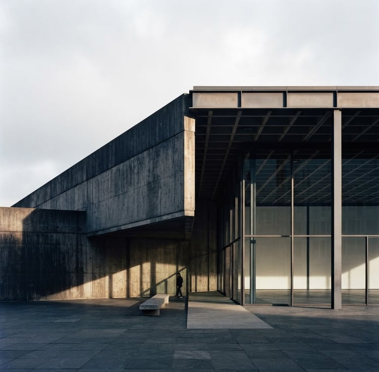 Minimalist architectural photography of a concrete modern pavilion in Berlin, sharp geometric shadows, overcast daylight, 35mm