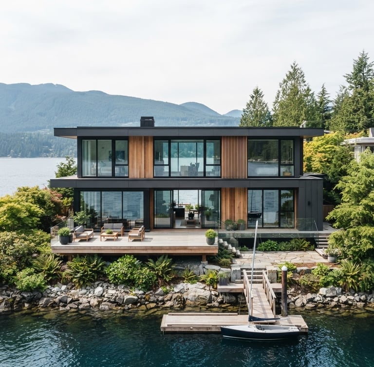 Straight-on architectural photography of a modern West Vancouver home facade overlooking the water, soft natural daylight, refined charcoal and cream tones, 35mm