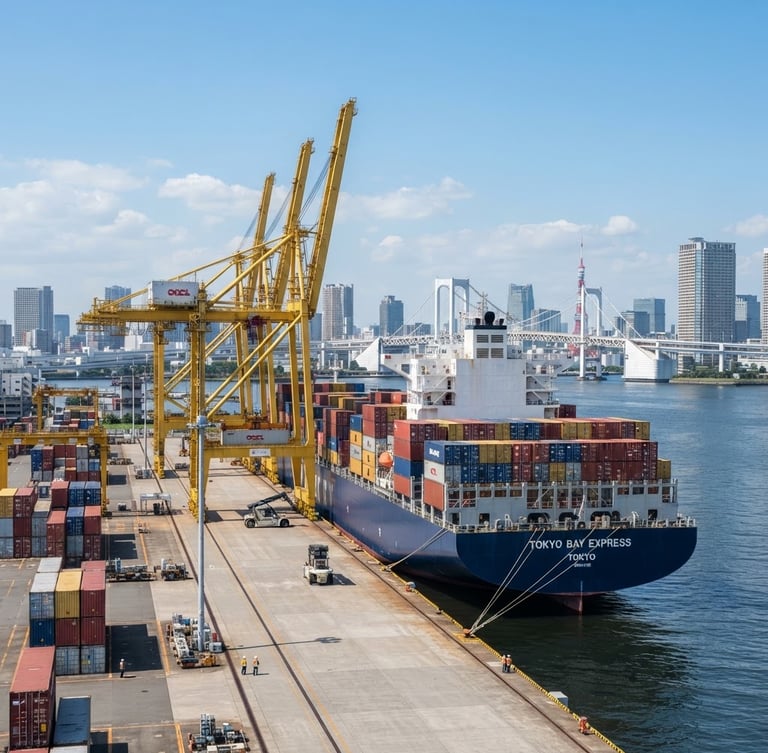 A crisp professional corporate photograph of a modern container ship docked at Tokyo port during bright daylight, sharp focus, 35mm architectural lens, clean composition with negative space