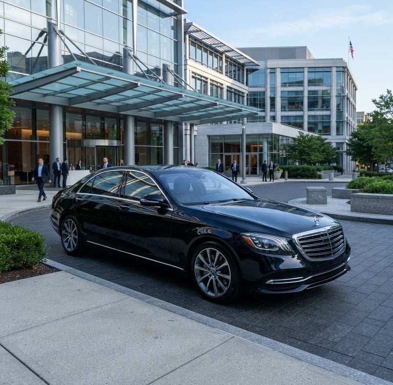 Pristine executive black sedan parked at a modern corporate building entrance in Washington D.C. at crisp morning daylight, reflections on the polished surface, 50mm lens.