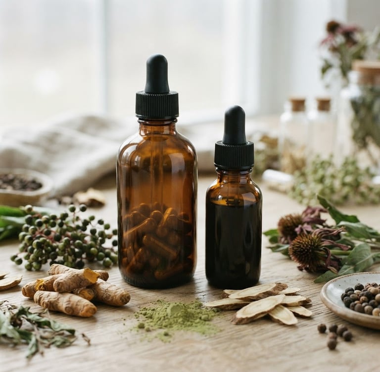 Macro clinical photograph of clean amber supplement bottles and raw botanical ingredients, soft natural overcast daylight, desaturated tones, 35mm