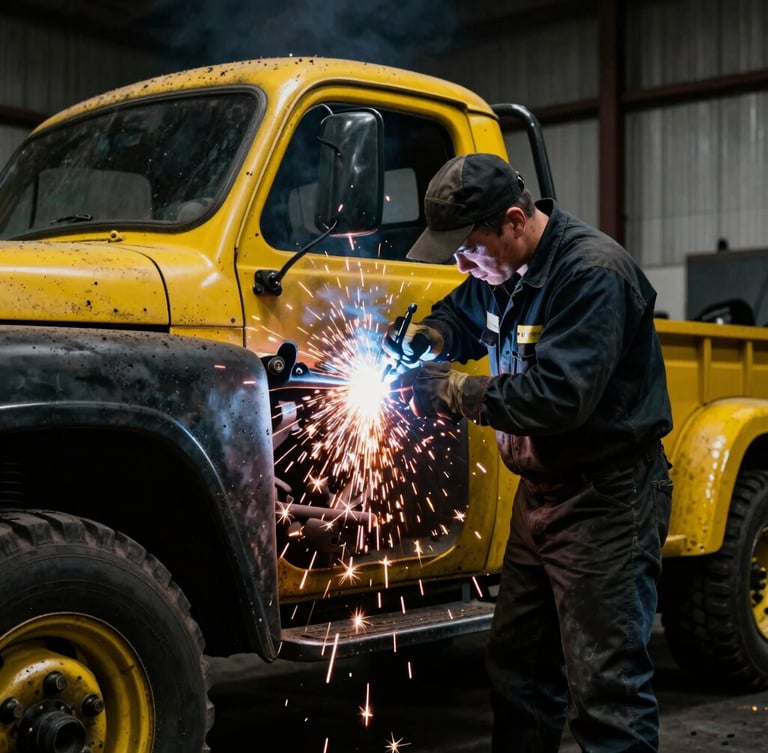 Low-angle heroic portrait of a mechanic welding a classic utility truck frame, sparks flying, high-contrast black and yellow tones, gritty workshop environment, 35mm