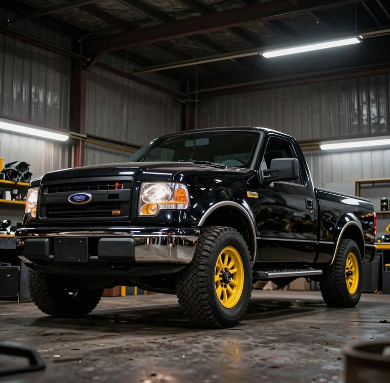 Low-angle heroic shot of a customized black Ford F-100 truck in a gritty workshop, dramatic low-key lighting with high-contrast yellow rim lights, sharp 35mm detail