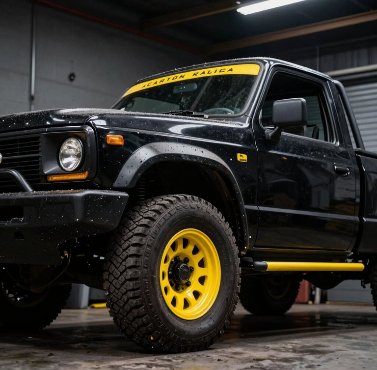 Low-angle heroic shot of a rugged customized black pickup truck with yellow rim lights, gritty workshop setting, high-contrast, 35mm