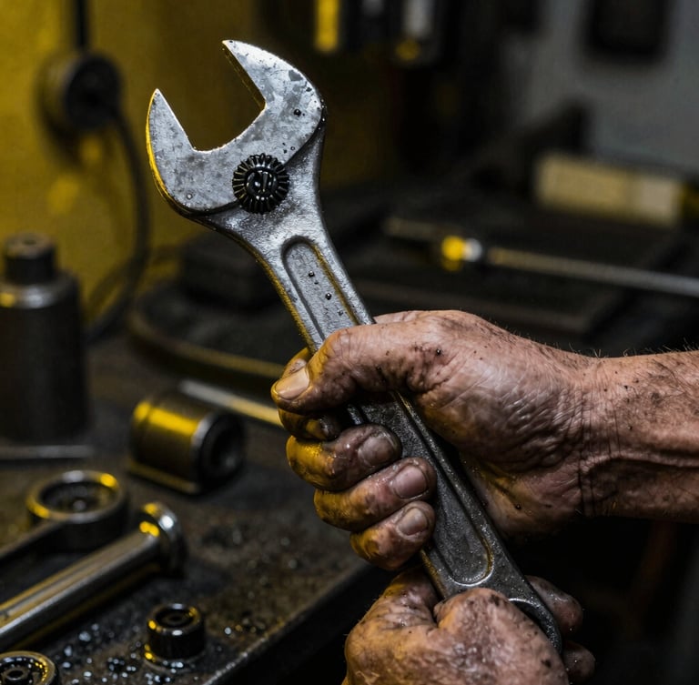 Extreme close-up of mechanical hands covered in grease holding a heavy iron wrench, dramatic low-key lighting with harsh yellow rim light, gritty workshop background, 35mm