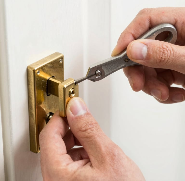 Close-up macro shot of a professional locksmith's hands using technical tools to carefully repair a brass door lock cylinder, bright daylight, sharp focus, shallow depth of field