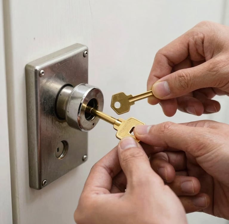 Close-up of a professional locksmith's hands inserting a polished brass key into a secure deadbolt lock cylinder, bright daylight, sharp focus on the metallic details