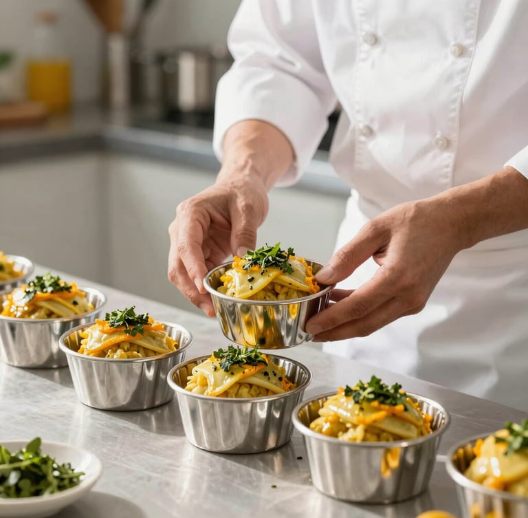 Clean modern kitchen environment, chef in white uniform carefully placing fresh rotis into gleaming stainless steel tiffins, bright natural lighting