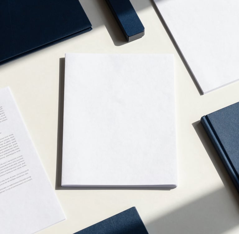 Crisp flat-lay of structured business documents, architectural shadows, clean cream desk, navy accent tools, bright natural daylight, 35mm