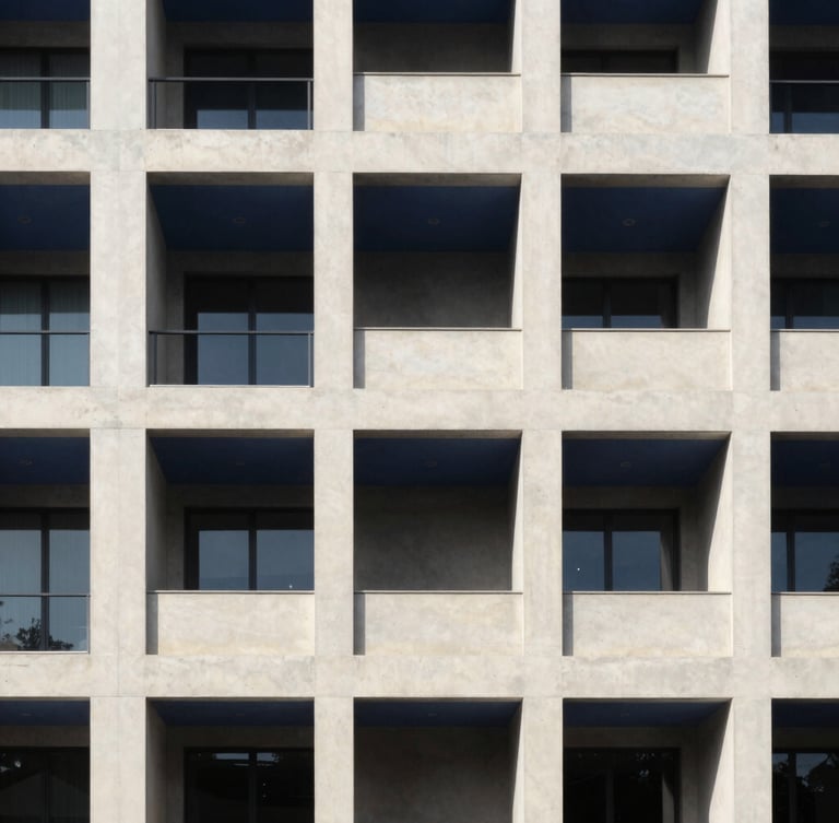 Crisp architectural photography of a modern structured concrete building with sharp shadows, bright natural daylight, deep navy and clean cream tones, 35mm
