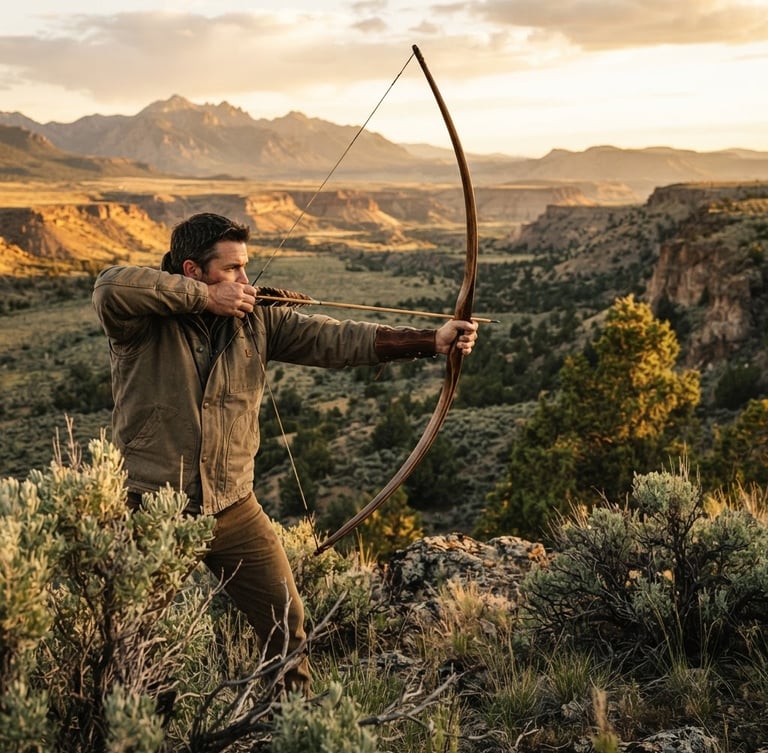 Wide shot of a grain-matched traditional longbow under tension, set against a high-desert Idaho landscape at golden hour, sagebrush in foreground, dramatic side-lighting.
