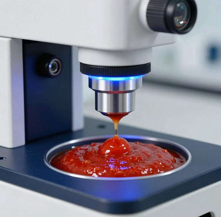 Macro shot of rich red tomato sauce being tested under a clean laboratory spectrophotometer, blue backlighting, precise optical lens, scientific environment