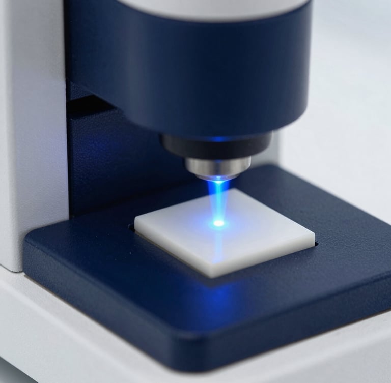 Macro close-up of a high-end spectrophotometer sensor emitting a precise blue light beam onto a white ceramic calibration tile, clean laboratory environment, high-contrast scientific aesthetic