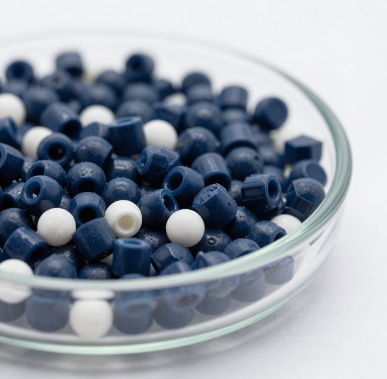 Macro close-up of colorful plastic pellets in a glass dish under cool studio lighting, high-contrast scientific aesthetic