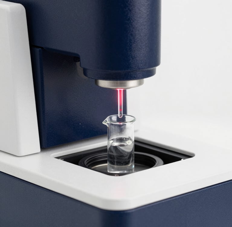 A clear chemical liquid in a quartz cuvette being analyzed by a laser light beam inside a high-end spectrophotometer, deep navy and white tones