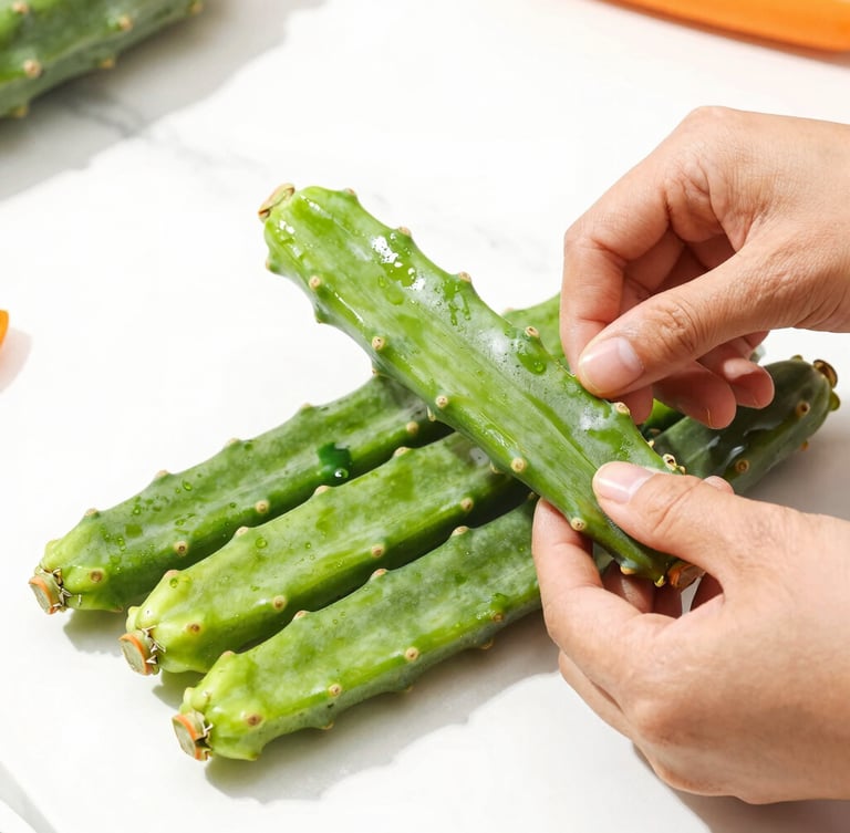 Bright high-key food photography of fresh green nopales being hand-stripped on a clean white marble counter, natural daylight, vibrant green accents, sharp focus.