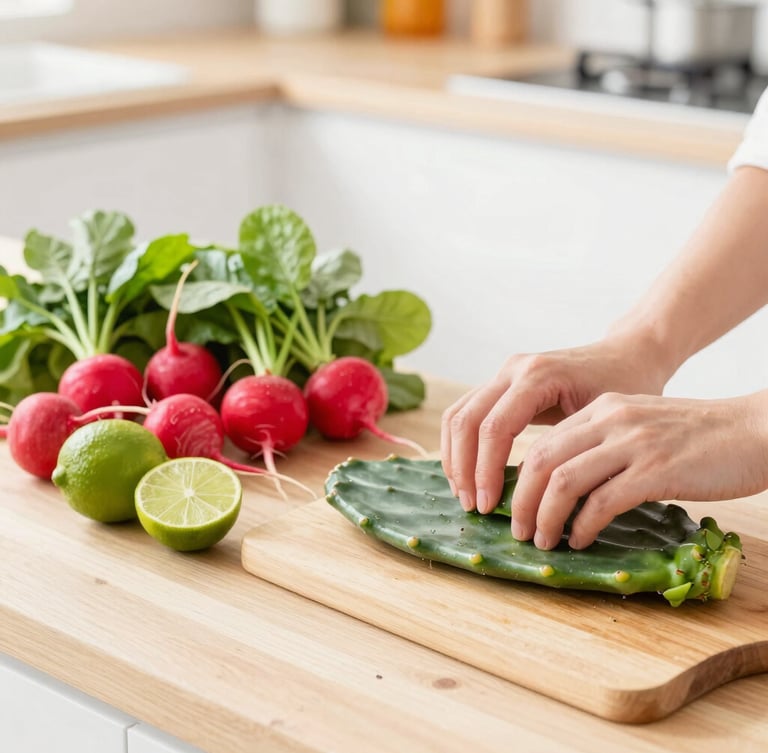 Bright daylight shot of a modern kitchen workspace with fresh local ingredients, colorful radishes, limes, and hand-prepped green nopales on a light wood surface.