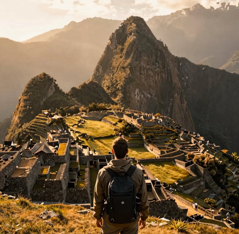 Wide vertical shot of a traveler from behind looking at the misty peaks of Machu Picchu during golden hour, warm lighting, rich earth tones, cinematic composition
