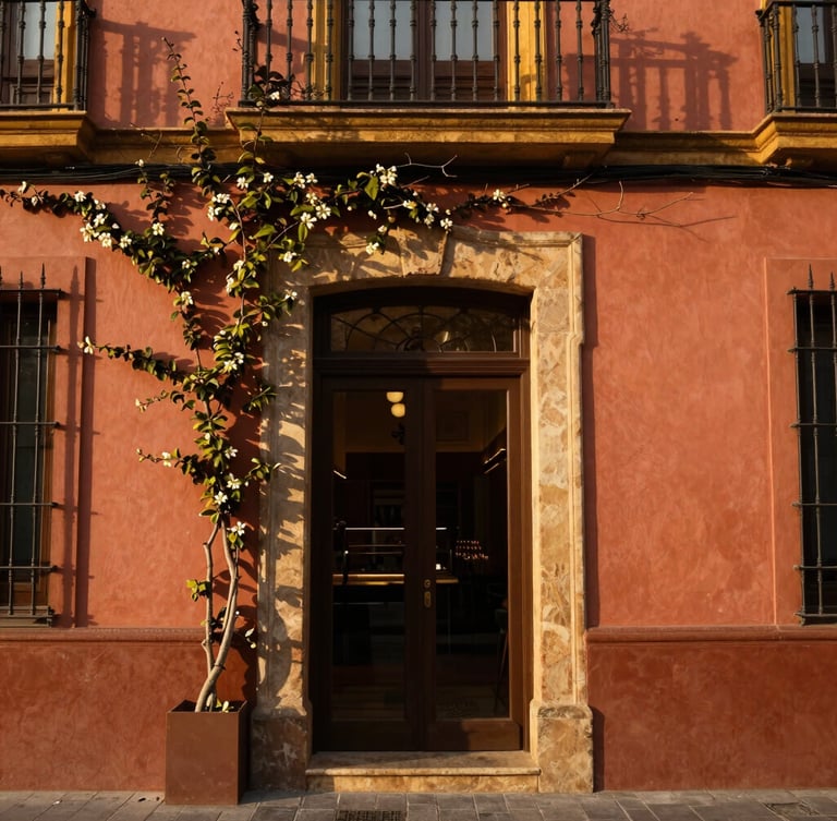 Close-up of a historic boutique hotel entrance in Seville, terracotta walls, climbing jasmine, warm golden hour sunlight, editorial travel style