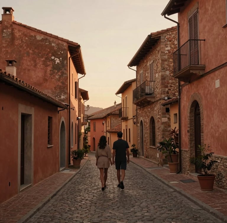Cinematic wide-angle shot of a couple walking through a quiet cobblestone alley in a European village during golden hour, soft warm light, rich terracotta tones, editorial travel photography.