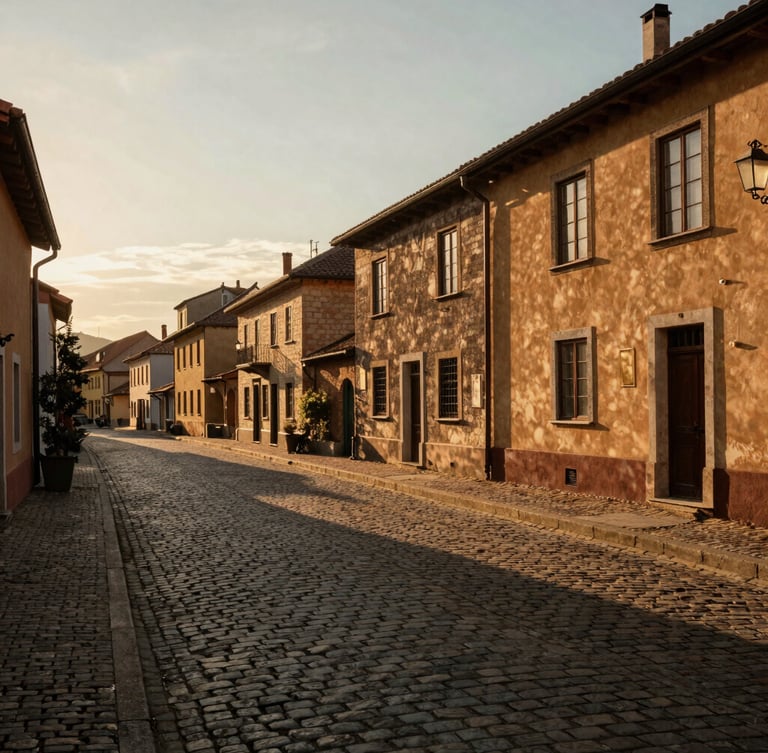 Wide-angle cinematic shot of a quiet cobblestone street in a historic European village during golden hour, long shadows, warm light, no tourists
